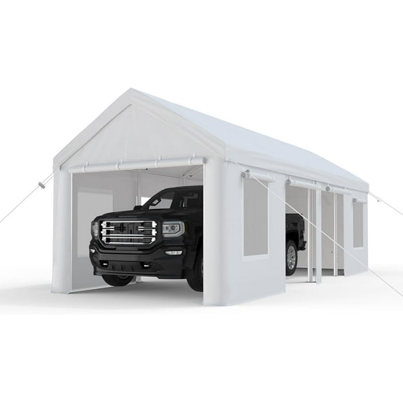 Lumiparty 13x25ft Outdoor Carport, Heavy Duty Portable Garage, with Doors & Window, UV Resistant Waterproof Tarp, for Car, Truck, Boat,Motorcycle, White