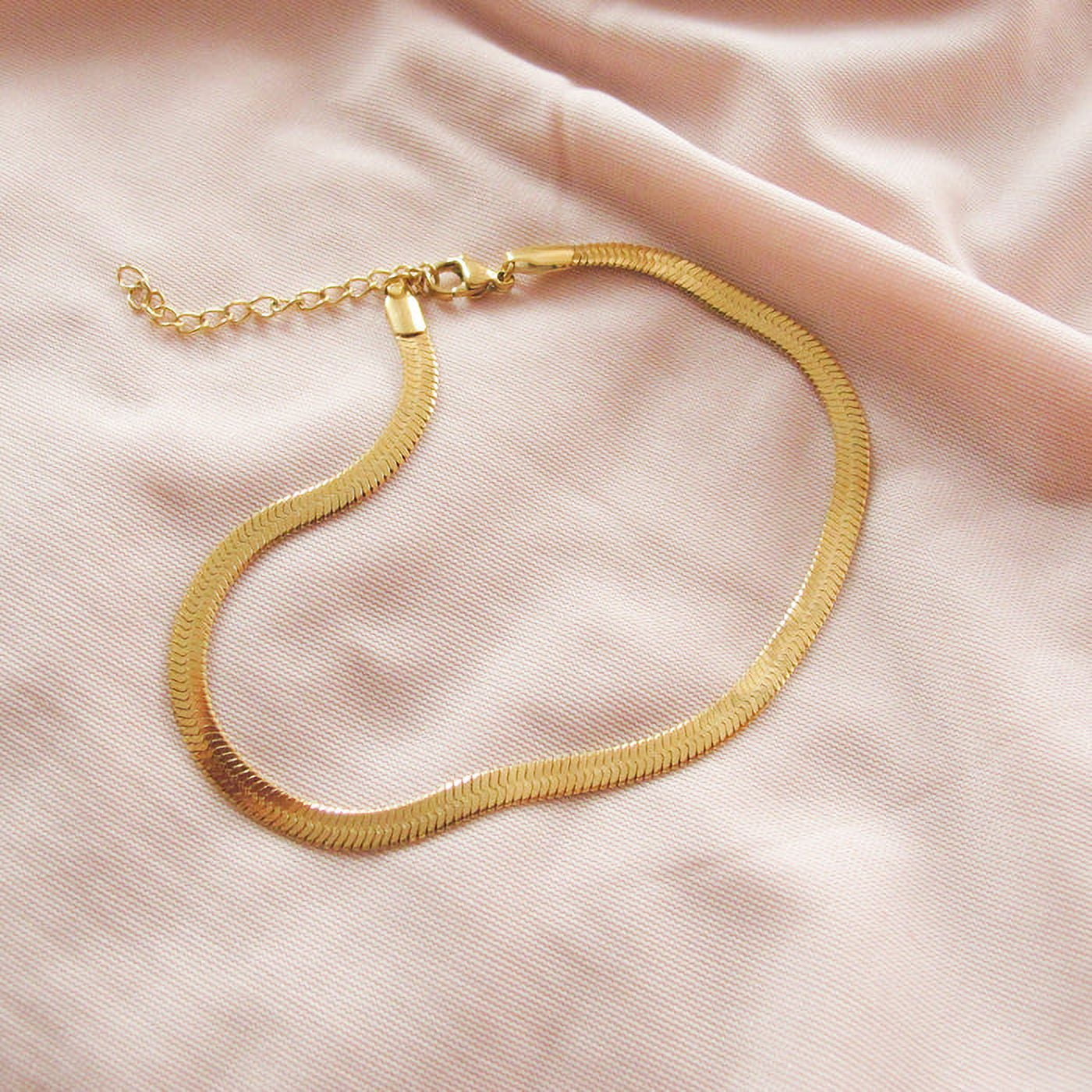 French Herringbone Snake Necklace | 18K Gold Titanium Hypoallergenic Chain for Women | 16" + 2" | RJ Designs