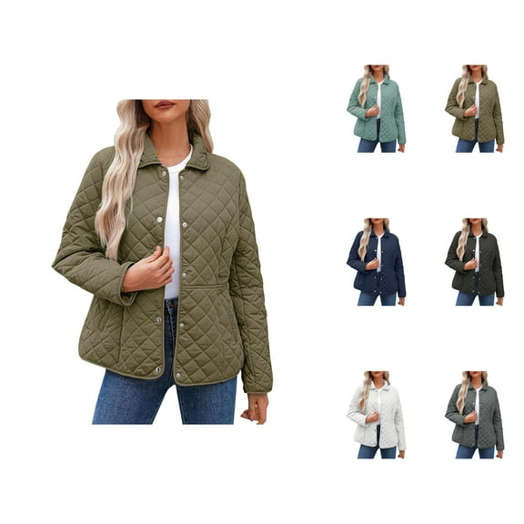 Casual Quilted Jacket for Women 2025 Long Sleeve Snap Button Lapel Winter Jacket Coat with Pockets Outerwear