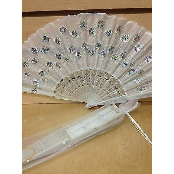 Set of 12 White Hand Held Folding Fans w/Gift Bags for Party Favors, Party Decor