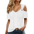 thumbnail image 2 of Huowey Women Tops Casual Shirts Short Sleeve Off The Shoulder Solid Color Deep V-Neck Loose Fit Hollow Out Fashionable T Shirt Summer Comfort Breathable Relaxed Blouse,White,L, 2 of 5