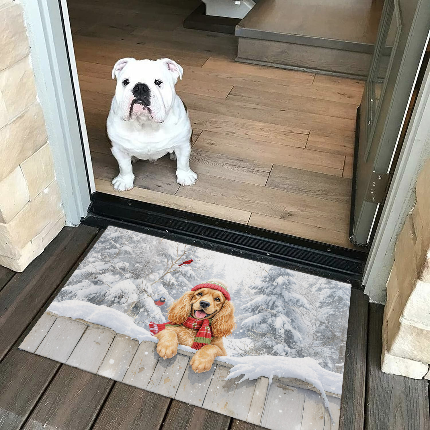 Playful Cocker Spaniel Welcomes Winter Snowy Day with Cardinal Bird Doormat Cockers Dog Lover Gifts Indoor Outdoor Welcome Mat - 2017