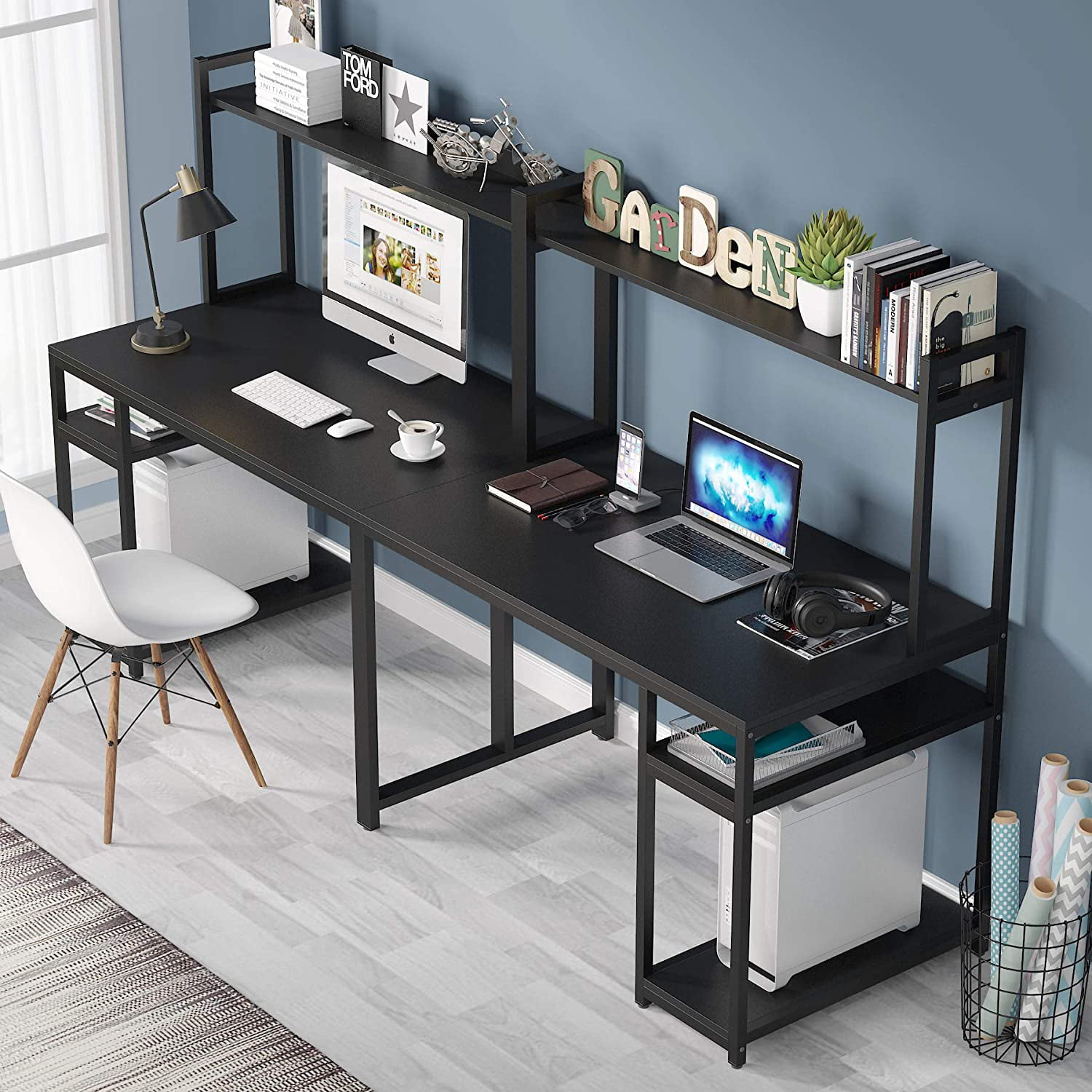 Tribesigns 94.5 inch Two Person Desk with Storage Shelves, Double Computer Office Desk with Splice Board, Extra Long Desk Study Writing Table.