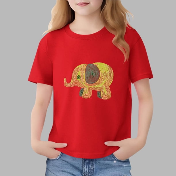 Blusas y camisas de manga corta con cuello redondo para niños Camiseta de verano de manga corta estampada para niñas Jersey elegante de cuello redondo para niñas Top de algodón para niños