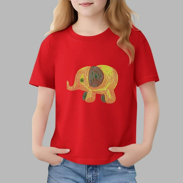 Blusas y camisas de manga corta con cuello redondo para niños Camiseta de verano de manga corta estampada para niñas Jersey elegante de cuello redondo para niñas Top de algodón para niños
