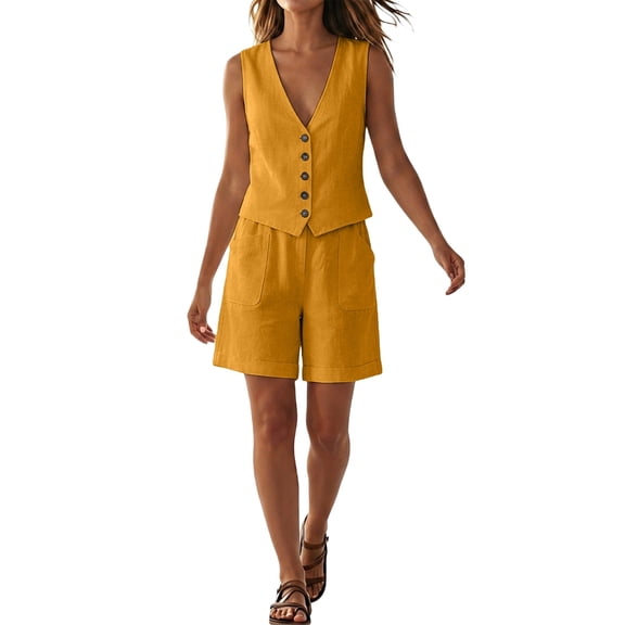 Arlun Women's Summer 2 Piece Outfits Dressy Button down V-Neck Sleeveless Vest Top and Loose Shorts with Pockets Simple Solid Color Work and Leisure Matching Sets 2026 Yellow XL
