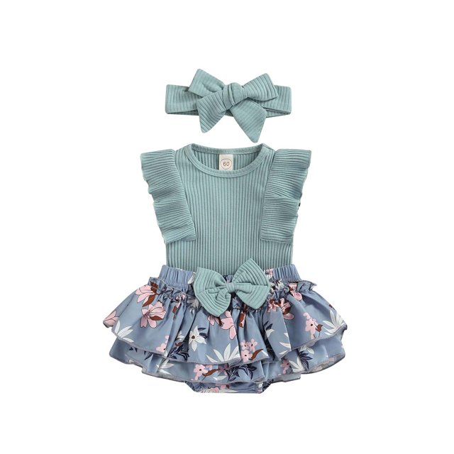 Xingqing Summer Infant Baby Girls Outfits Ruffle Sleeveless Romper + Floral Printed Tutu Shorts + Headband Set