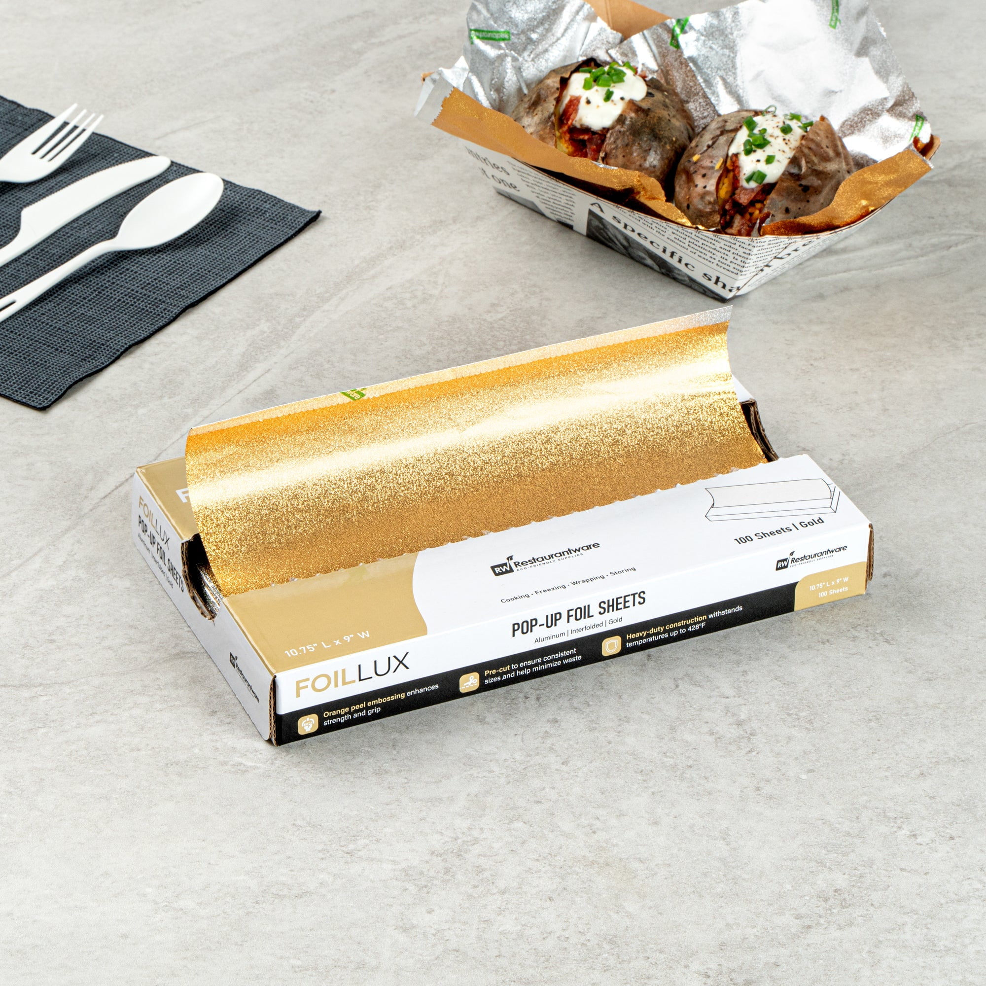 Foil Lux Foodservice Gold Aluminum Foil Pop-Up Sheet - Interfolded, Embossed - 10 3/4" x 9" - 2000 count box