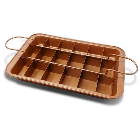 FGY Brownie Pan Copper Steel Non-stick Baking Pan with Built-In Slicer, Ensures Perfect Crispy Edges, Coating Oven Kitchen Cake Cookie Pan 12.4”L*7.9”W*1.5”D