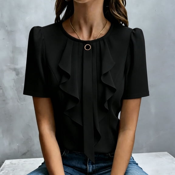ClodeEU Women's Short Sleeve Crewneck Pleated Blouse with Ruffle Hem ,Business Casual Office Top Black,Women's Plus L