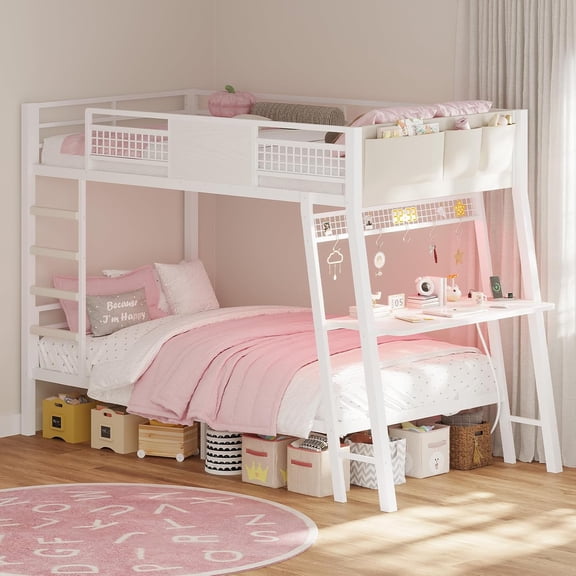 Toogaho Twin over Twin Bunk Bed with Desk,Metal Bunk Bed Frame with Charge Station & LED Light,White