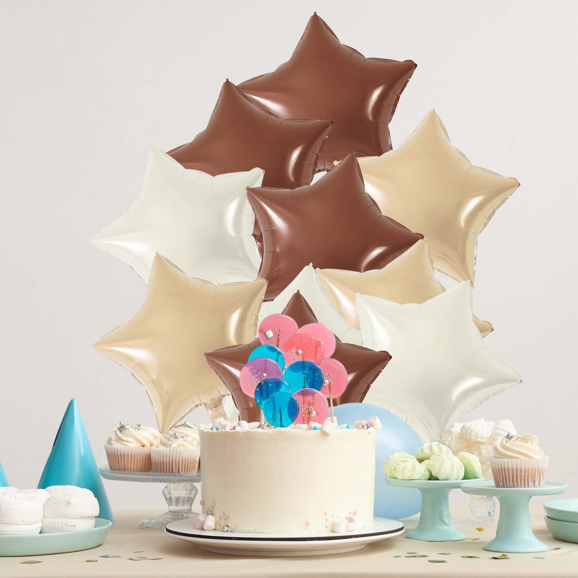 Unique Bargains 10Pcs Helium Balloons with Ribbon Star Pattern White Brown Apricot