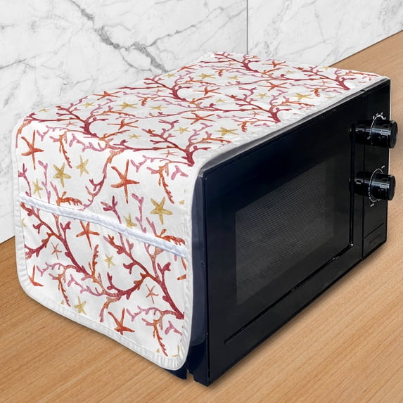 Nautical Microwave Oven Cover, Colorful Corals Shells and Crabs Marine Lifestyle on a Plain Background, Water Resistant Organizer with Pockets Kitchen, 36" x 12", White and Multicolor, by Ambesonne