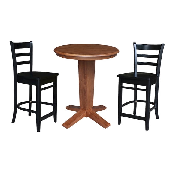 30" Solid Wood Round Top Pedestal Dining Table with 2 Counter Height Stools