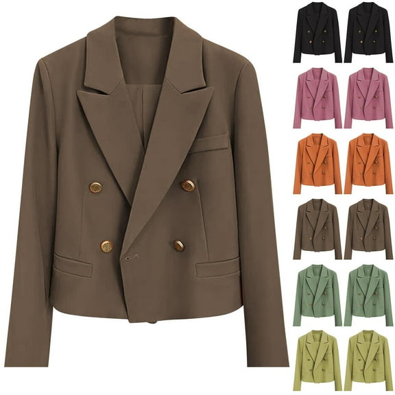 jtjvou Womens Double Breasted Cropped Blazer Jackets Dressy Casual Peak Lapel Long Sleeve Work Office Blazers Crop Jacket Green L