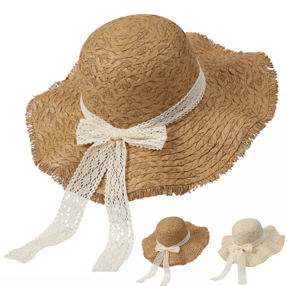 Hfnxid Women's Summer French-Style Wide-Brim Straw Sun Hat, Beach Vacation Natural-Weave Cap with Ribbon Band, Lightweight Breathable Shade Hat for Seaside