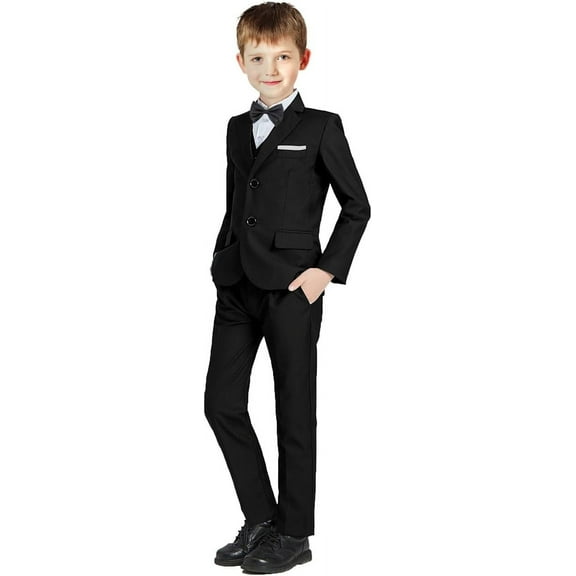 Boys Formal Suit Set 5 Piece Slim Fit Black Suit with Shirt and Vest
