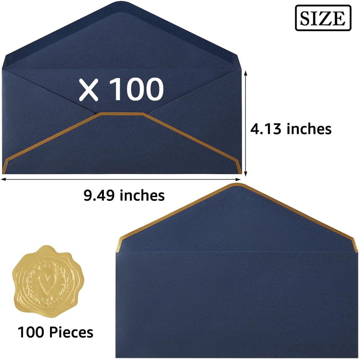 100 Pack #10 Business Envelopes with Gold Border, Self Seal Standard Envelopes with Gold Stickers for Office, Checks, Letter Mailing, Invoices, 4 1/8 x 9 1/2 Inches (Navy Blue)
