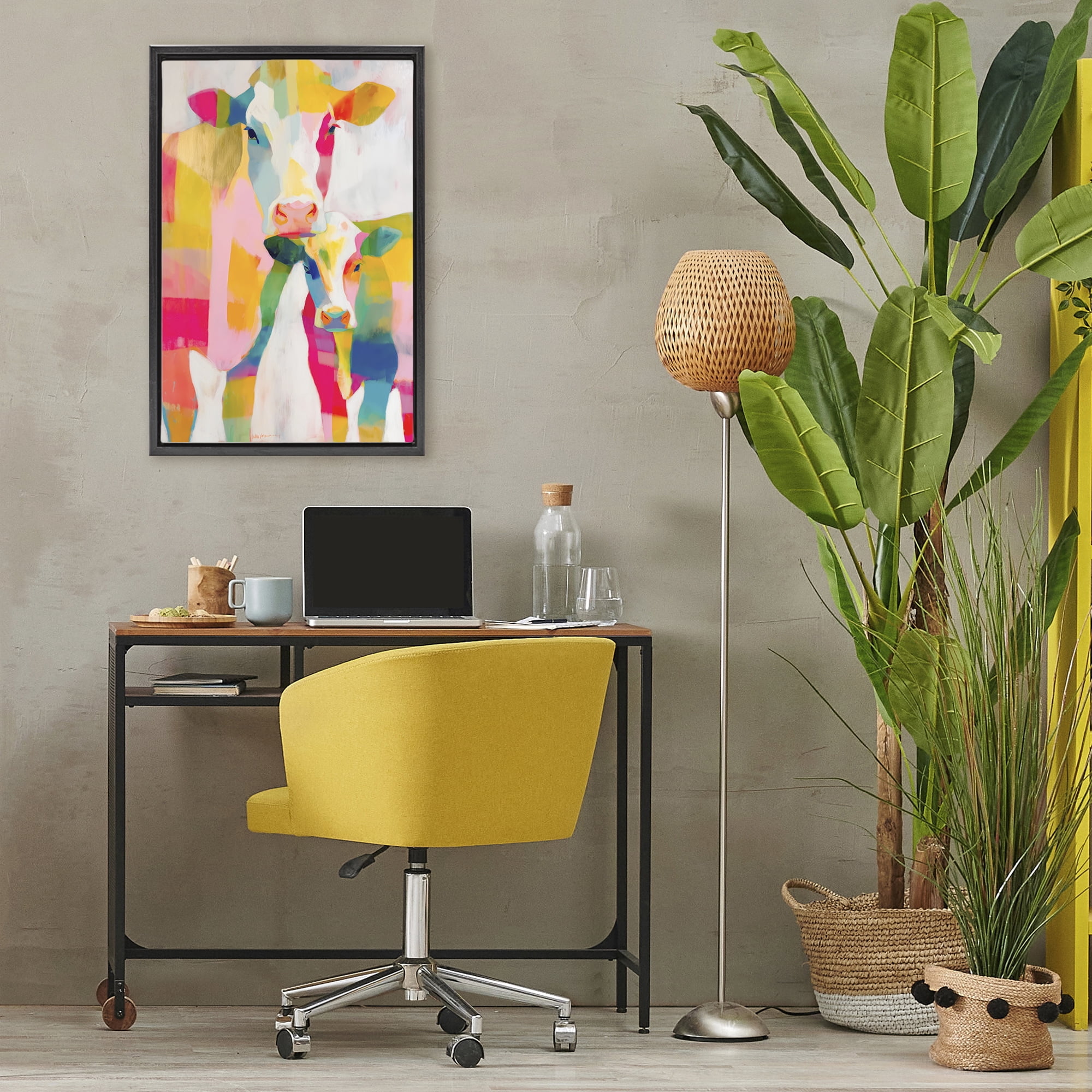 Stupell Industries Cow Family in Cubist Abstract Black Framed Floater Canvas Wall Art, design by Chromatic Storm Studio
