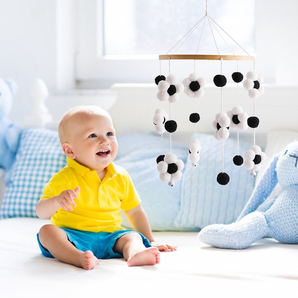 Baby Crib Wind Chimes – Cotton Flower Pendant Hanging Toy, Soothing Nursery Mobile for Newborns, Black