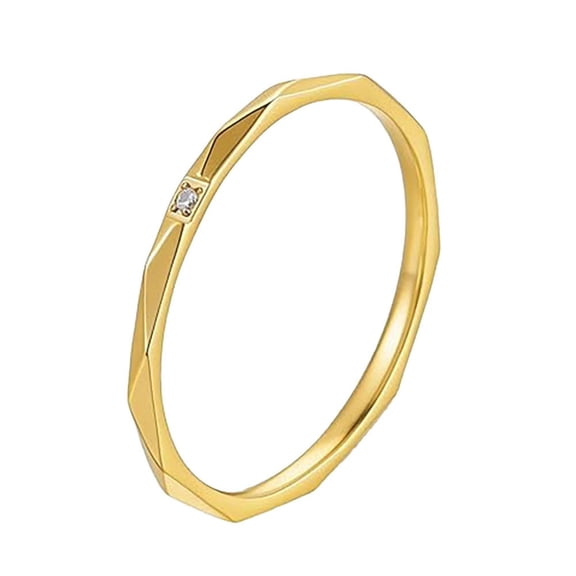 PAURO 2mm Gold Plated Geometric Faceted Stackable Ring with CZ Stone,Minimalist Stainless Steel Band for Women Size 5
