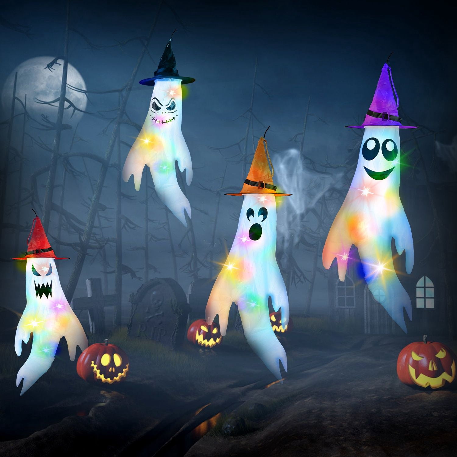 4Pcs Hanging Ghost Windsocks with Witch Hats LED String Lights Halloween Outdoor Decor