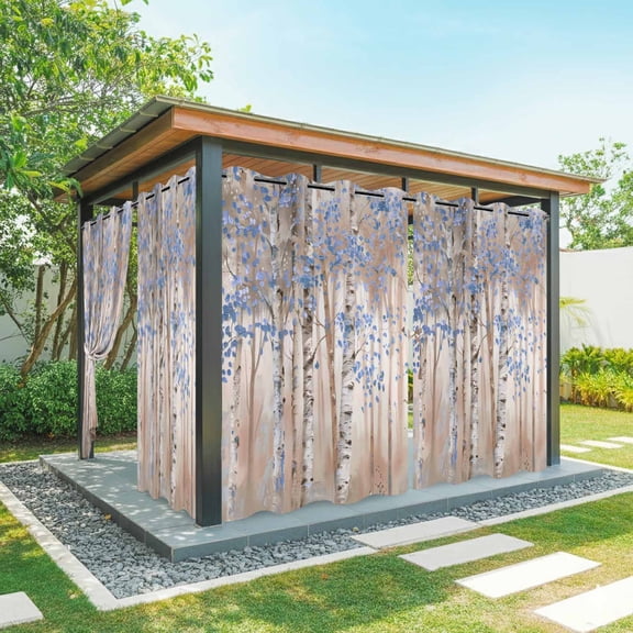 Blue Leaves Outdoor Curtains for Patio Waterproof, Forest Painting Art Style Grommet Curtains for Porch Outside Privacy Drape for Gazebo Garden Pergola, 1 Panel, 54x84in