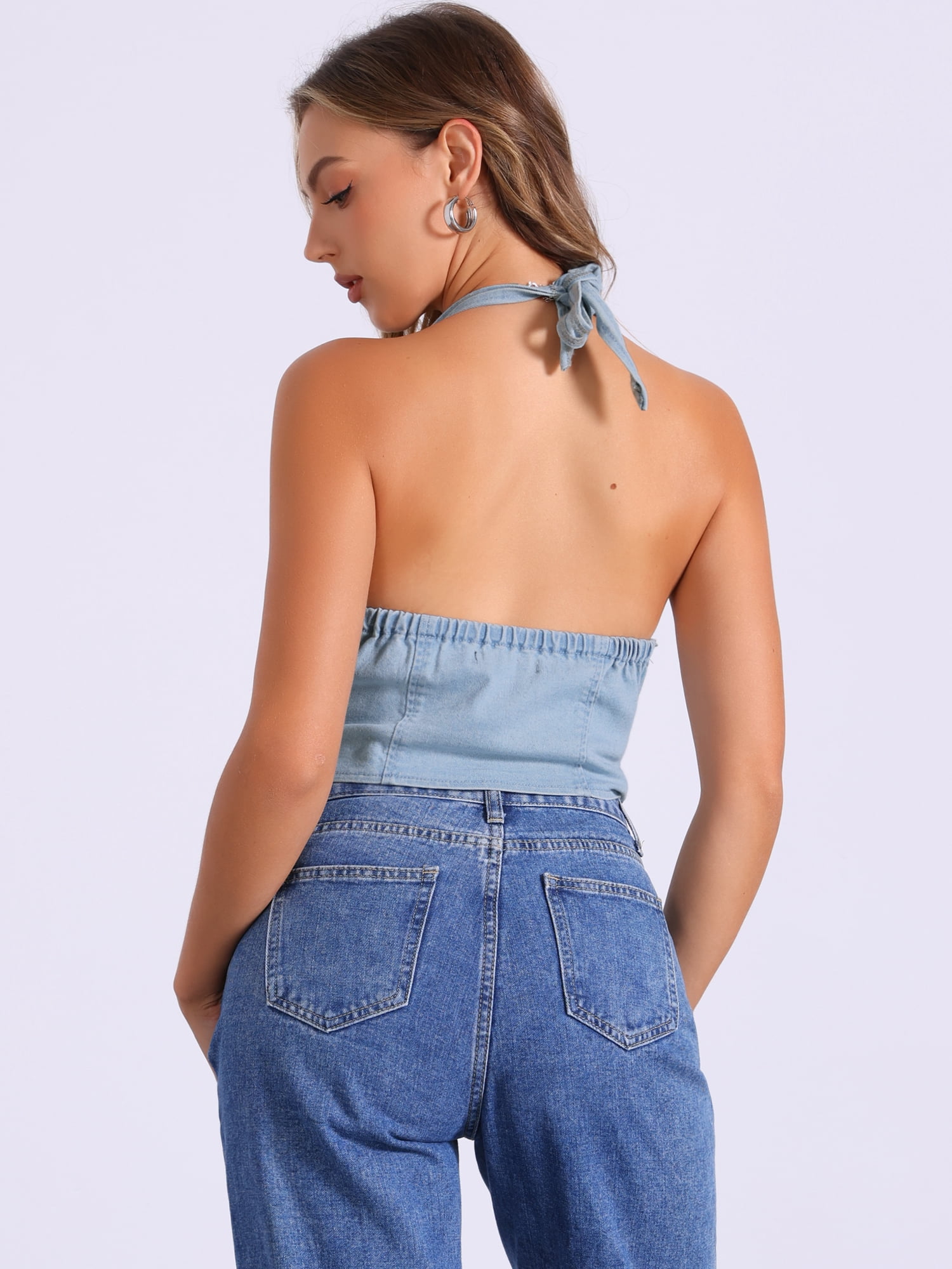 DARING DIVA Women's Y2K Halter Neck Tie Back Crop Jean Bustier Top S Light Blue