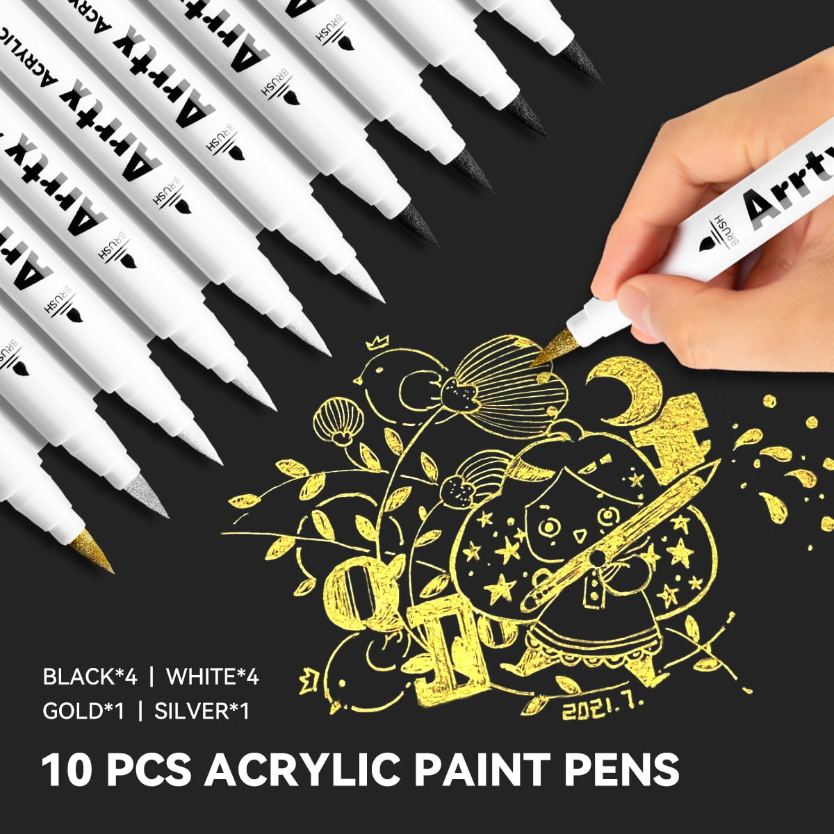 Arrtx 10Pcs Arcylic Paint Markers, Brush Tip Metallic Paint Pens for Rock Painting, Fabric, Glass, Water Based Ink, 4 White 4 Black 1 Gold & 1 Silver, DIY Art Supplies