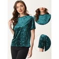 thumbnail image 2 of Camiseta de manga corta con cuello redondo informal de terciopelo vintage para mujer Azul verde S, 2 of 5