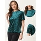 thumbnail image 2 of Camiseta de manga corta con cuello redondo informal de terciopelo vintage para mujer Azul verde S, 2 of 5