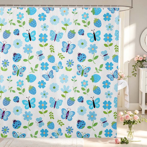 Erosebridal Strawberry Flowers Shower Curtain 72Wx72L,Cartoon Ladybug Bathroom Curtain,White Blue