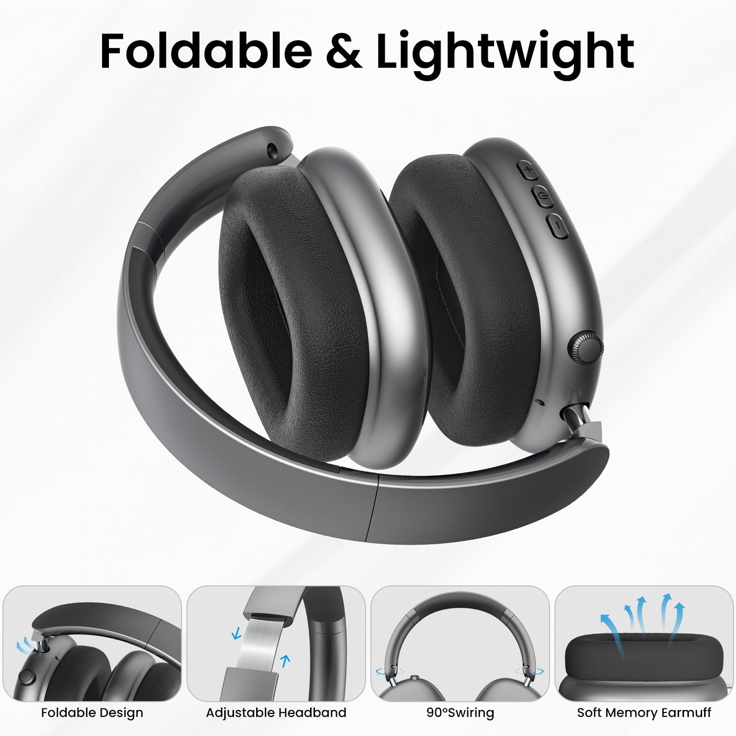 GASYESOY Y01 Bluetooth Headphones Wireless over Ear Noise Cancelling Headphones,36H Playtime Hi-Res Audio Foldable Lightweight for Travel, Home Office, Sport Gray