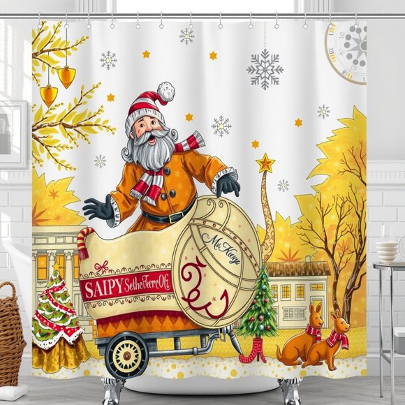 Whimsical Christmas Shower Curtain with Cartoon Santa, Sleigh