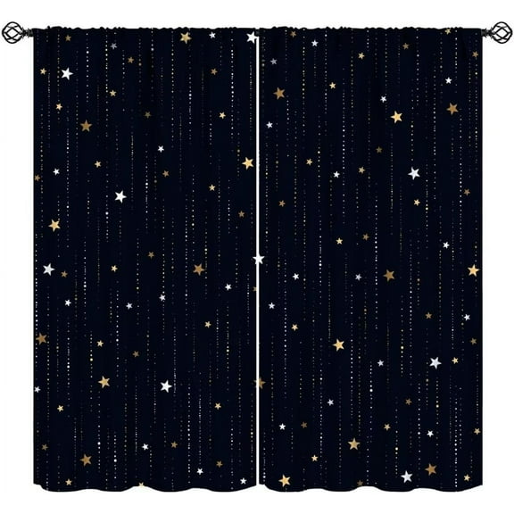 Night Starry Sky Curtains, Golden Space Stars Fantasy Galaxy Universe Black Cosmic with Gold White Star Rain Print Window Curtains for Kids Bedroom Living Room 42x63in (No )