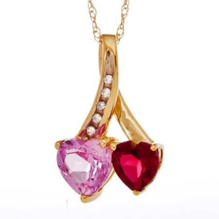 .95 Carat T.G.W. Lab Pink Sapphire and .60 Carat T.G.W. Lab Ruby with Diamond Accent 10kt Yellow Gold Heart Pendant, 18