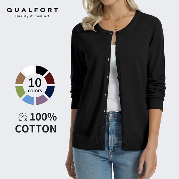QUALFORT Women’s 100% Cotton Lightweight Button-Front Cardigan Sweater,crew neck Long Sleeve Knit