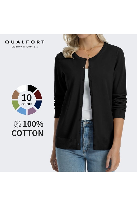 Women's 100% Cotton Lightweight Button-Front Cardigan Sweater, Crew Neck Long Sleeve Knit, Black L