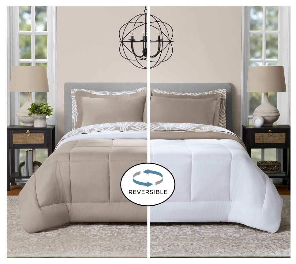 Mainstays All in One Reversible Comforter and Sheet Set- 7 Piece, King, Beige Palm