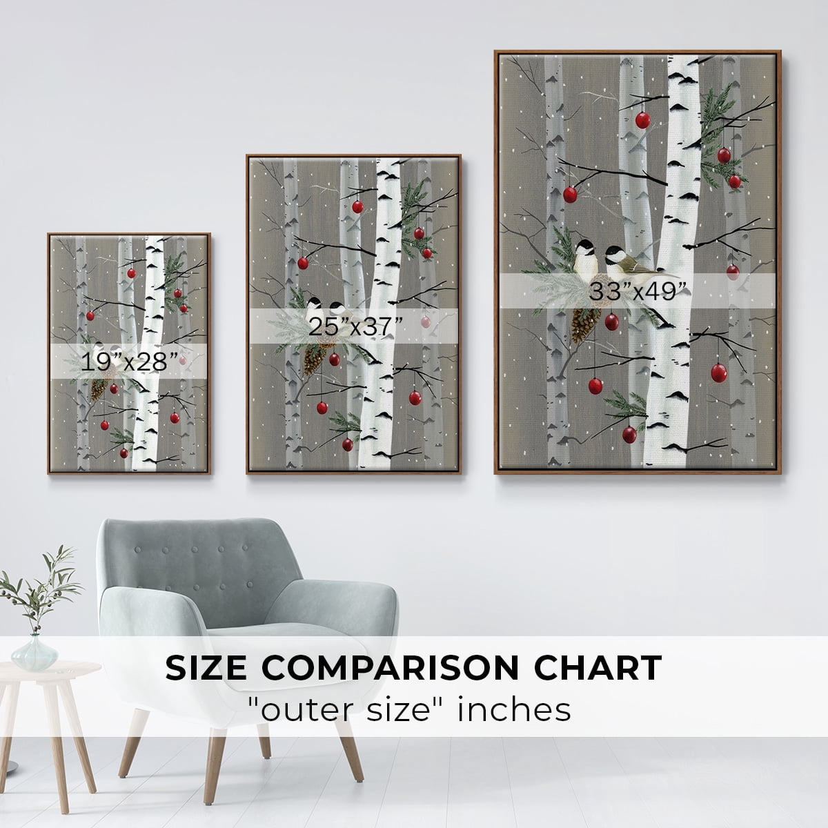 Birch Birds II - Framed Gallery Wrapped Holiday Canvas - 17 x 25 - Rosewood Frame