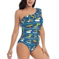 thumbnail image 3 of Sikiie Dinosaur on the Beach Vacation Print Women One Piece Swimsuits Tummy Control One Shoulder Bathing Suits Ruffle Swimwear, From S to XXL-XX-Large, 3 of 6