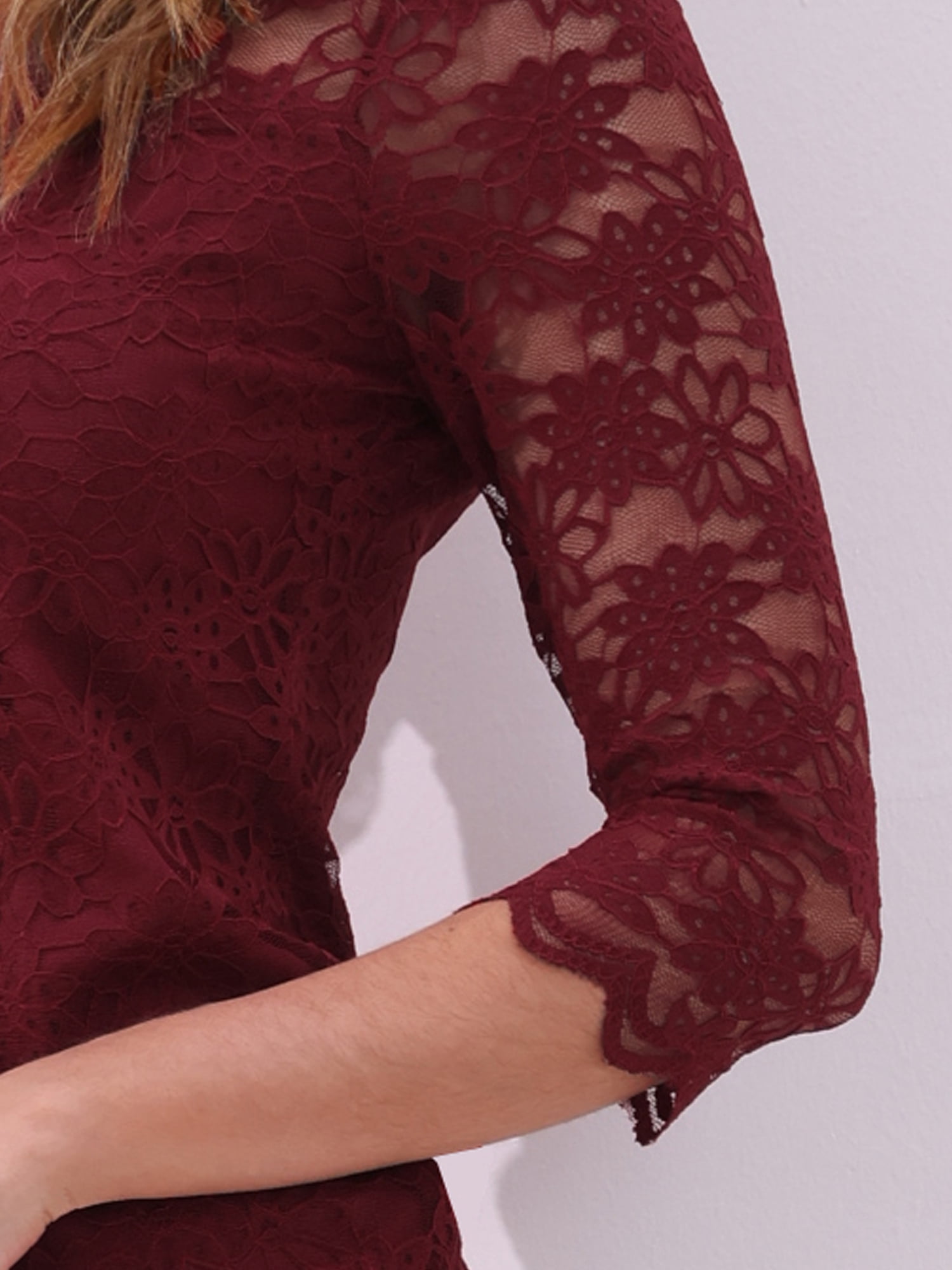 DARING DIVA Women's 3/4 Sleeve Crew Neck Floral Lace Tops M Dark Red