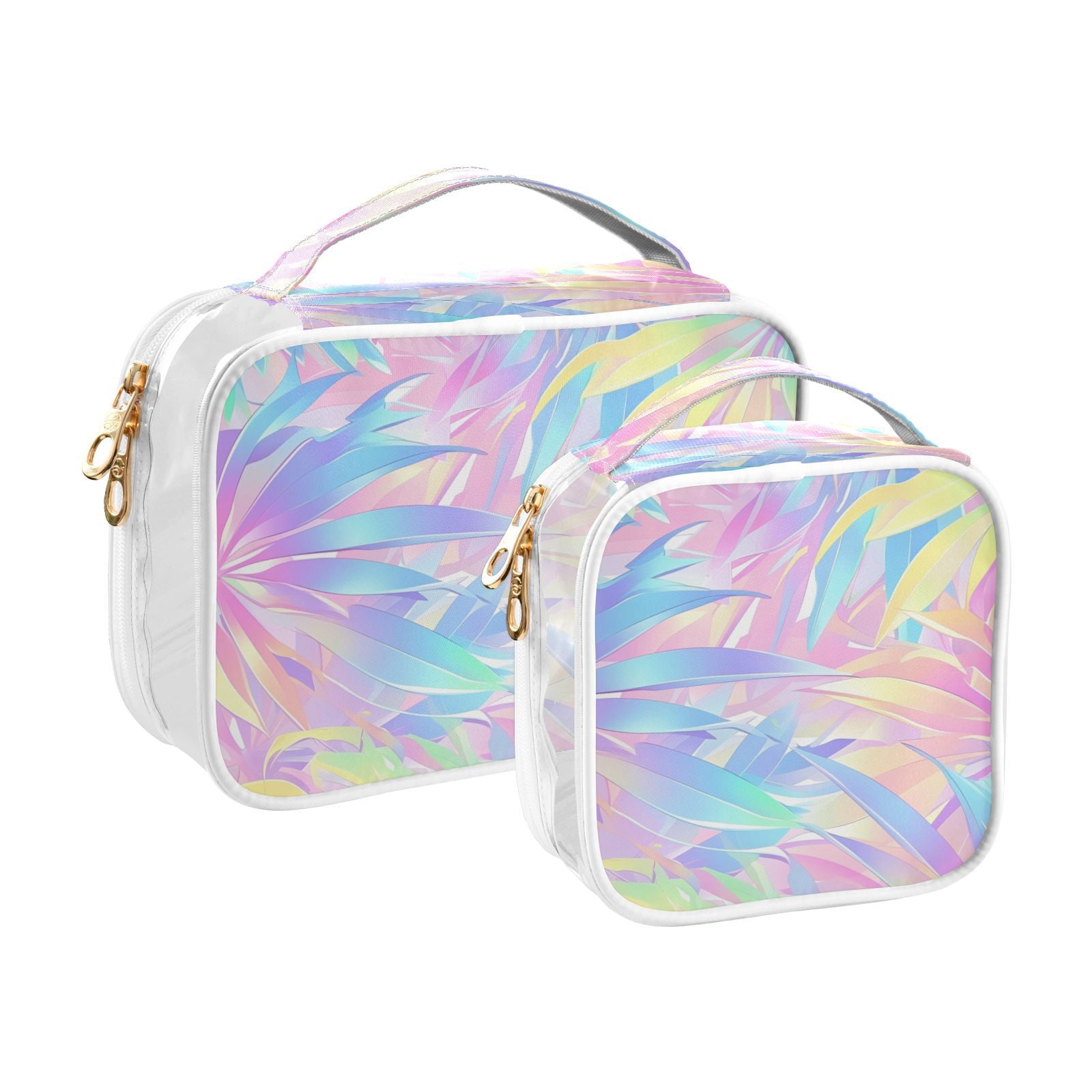 Clear Makeup Bags with Handle Large Opening 2 Pack Set Toiletry Bag Quart Size Bag, for Women Man Traveling Travel Essentials, Toiletries and Other. Colorful Tropical Plant
