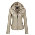 thumbnail image 1 of Chaqueta Springrain de piel sintética para moto motera con capucha para mujer, color albaricoque, 1 of 7