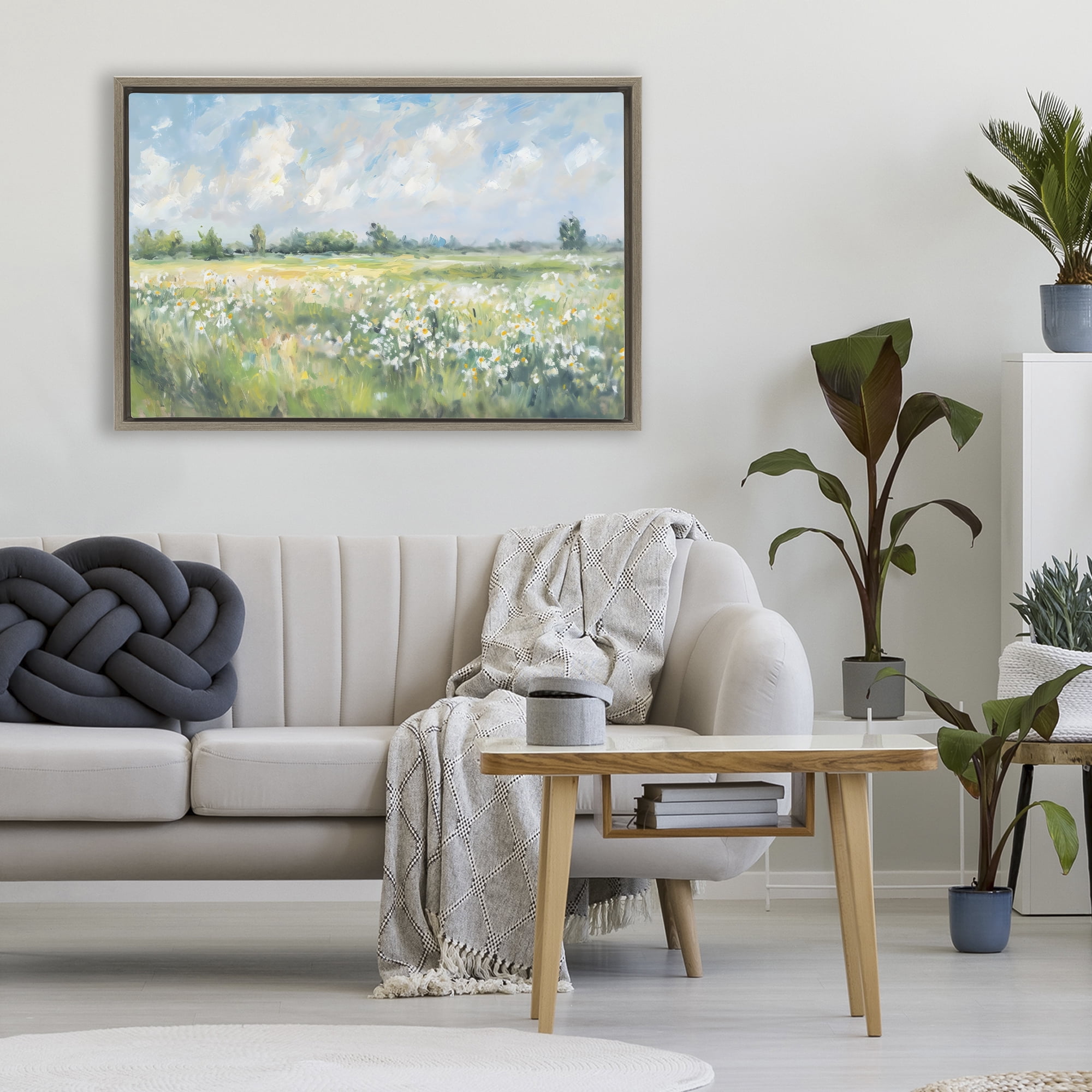 Stupell Industries Daisy Field Landscape Impression Brown Framed Floater Canvas Wall Art, design by Creative Studio