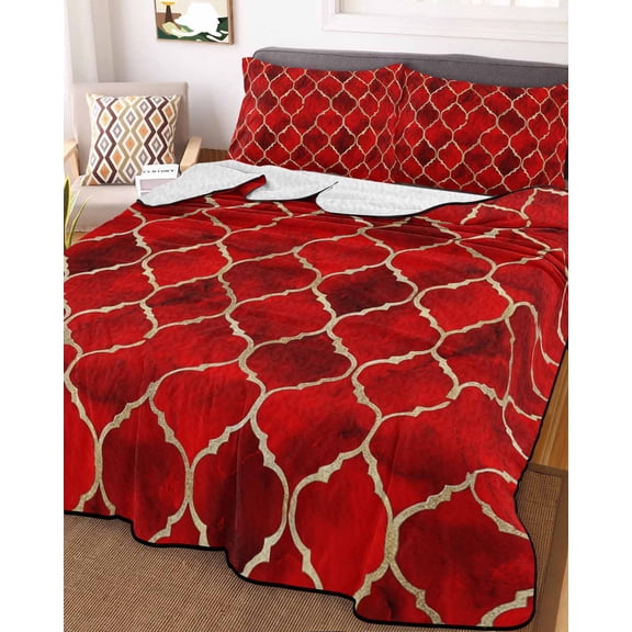 Red Geometric Queen Size Down Alternative Comforter, Lightweight Comforter Quilt Bedding Set with Pillow Shams Modern Morocco Abstract Art All Seasons Bed Comforter Duvet Insert 90"x96"