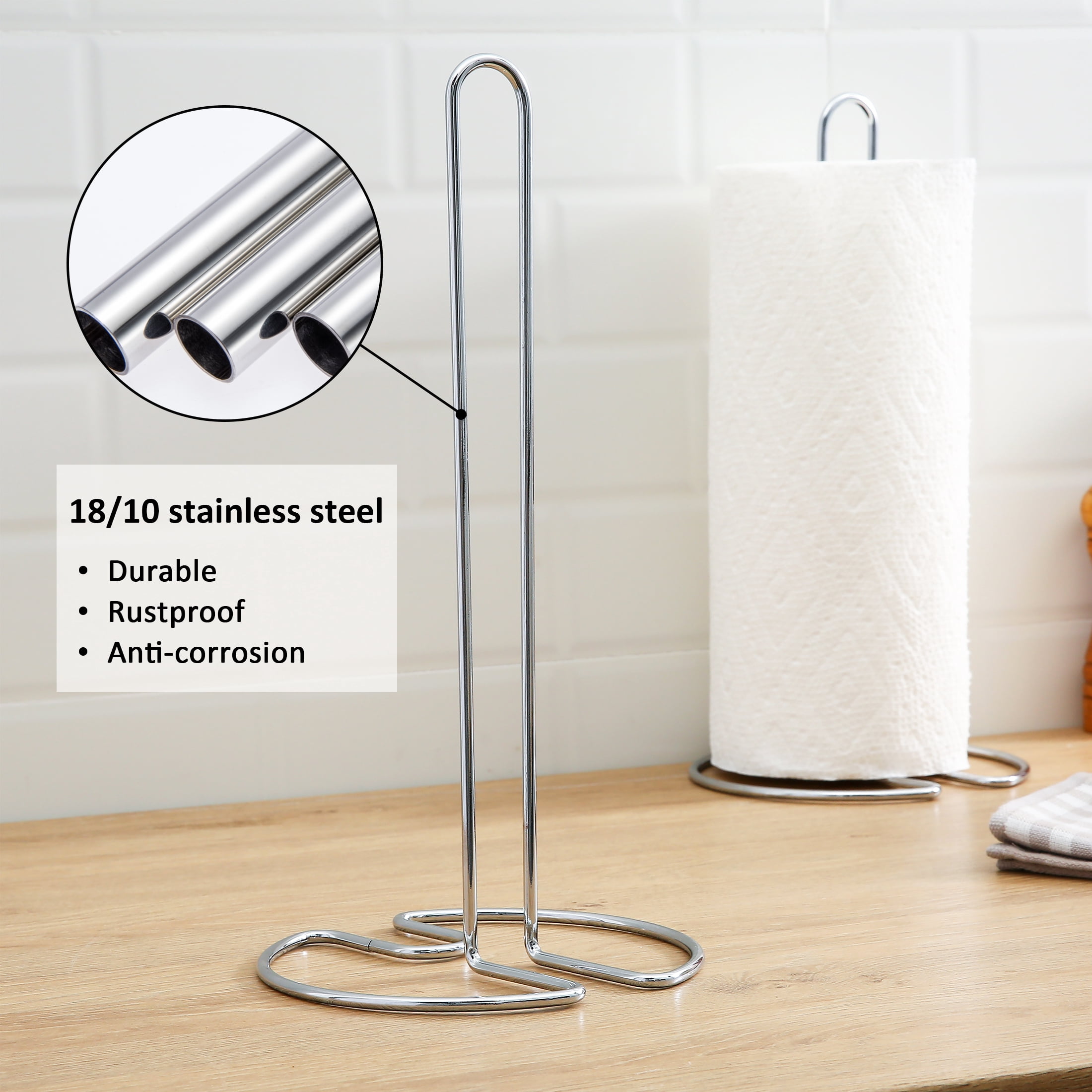 Mainstays Countertop Paper Towel Holder Stand, Silver Metal Kitchen Paper Towel Roll Holder and Dispenser for Kitchen Counter Storage