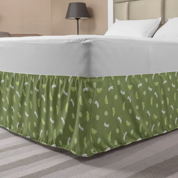 Dragonfly Bed Skirt, Continuous Pattern Insects Vintage Natural Colors Minimalist Design, Elastic Bedskirt Dust Ruffle Wrap Around for Bedding Decor, 4 Sizes, Olive Green and Pearl, by Ambesonne