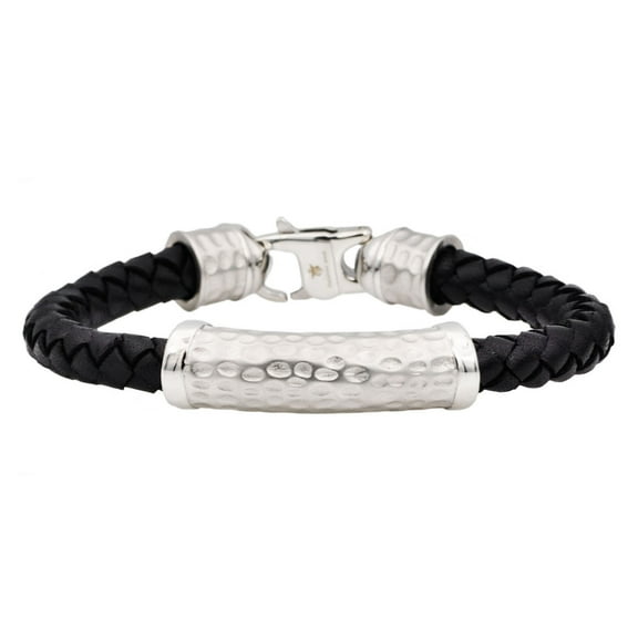 Arista Men's Bracelet Black Leather Hammered Solid Stainless Steel, 8.5"