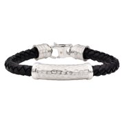 Arista Men's Bracelet Black Leather Hammered Solid Stainless Steel, 8.5"